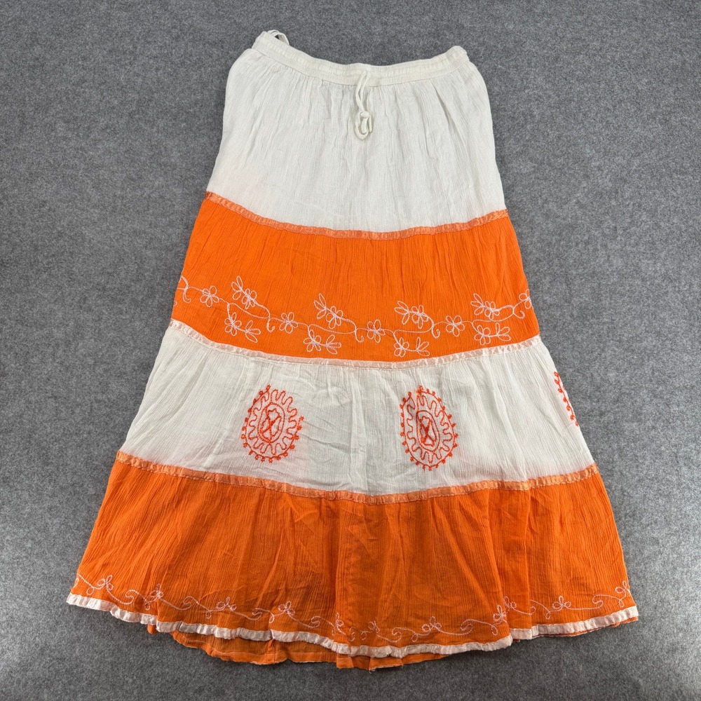 Laddi Skirt Womens OS Maxi Tiered Embroidered Orange White Cotton Gauze EUC